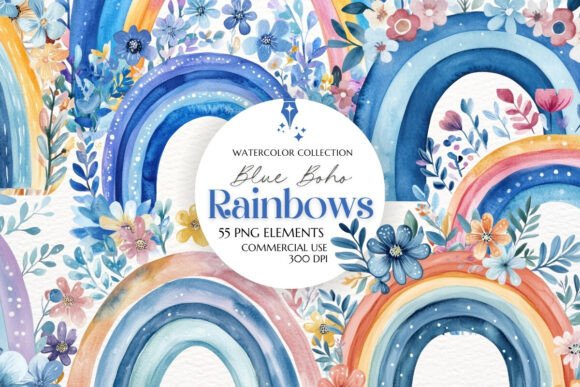 Download Boho Blue Rainbow Clipart PNG - Rainbow Collection